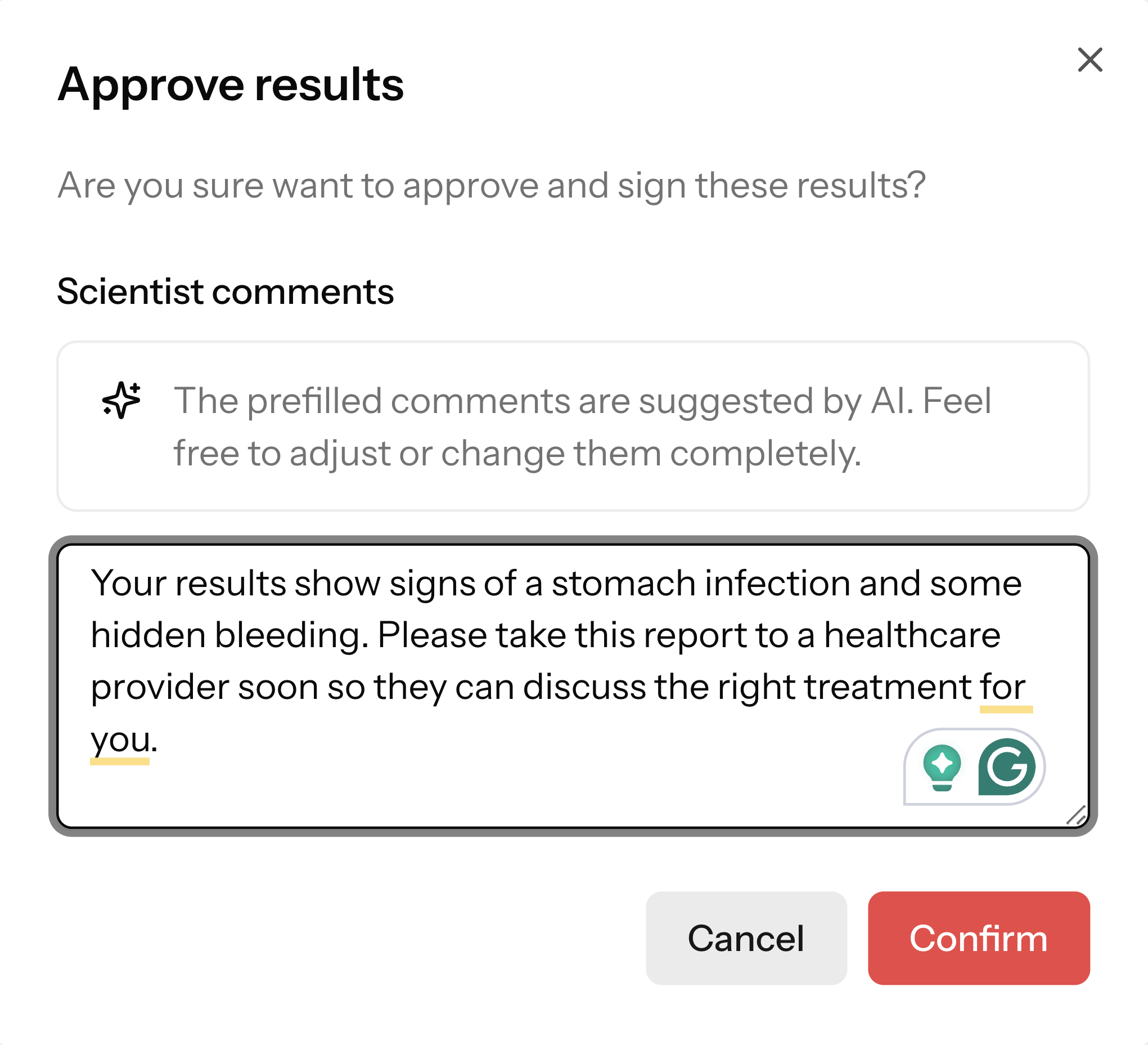 Approve results dialog with an AI-suggested, patient-friendly interpretive comment