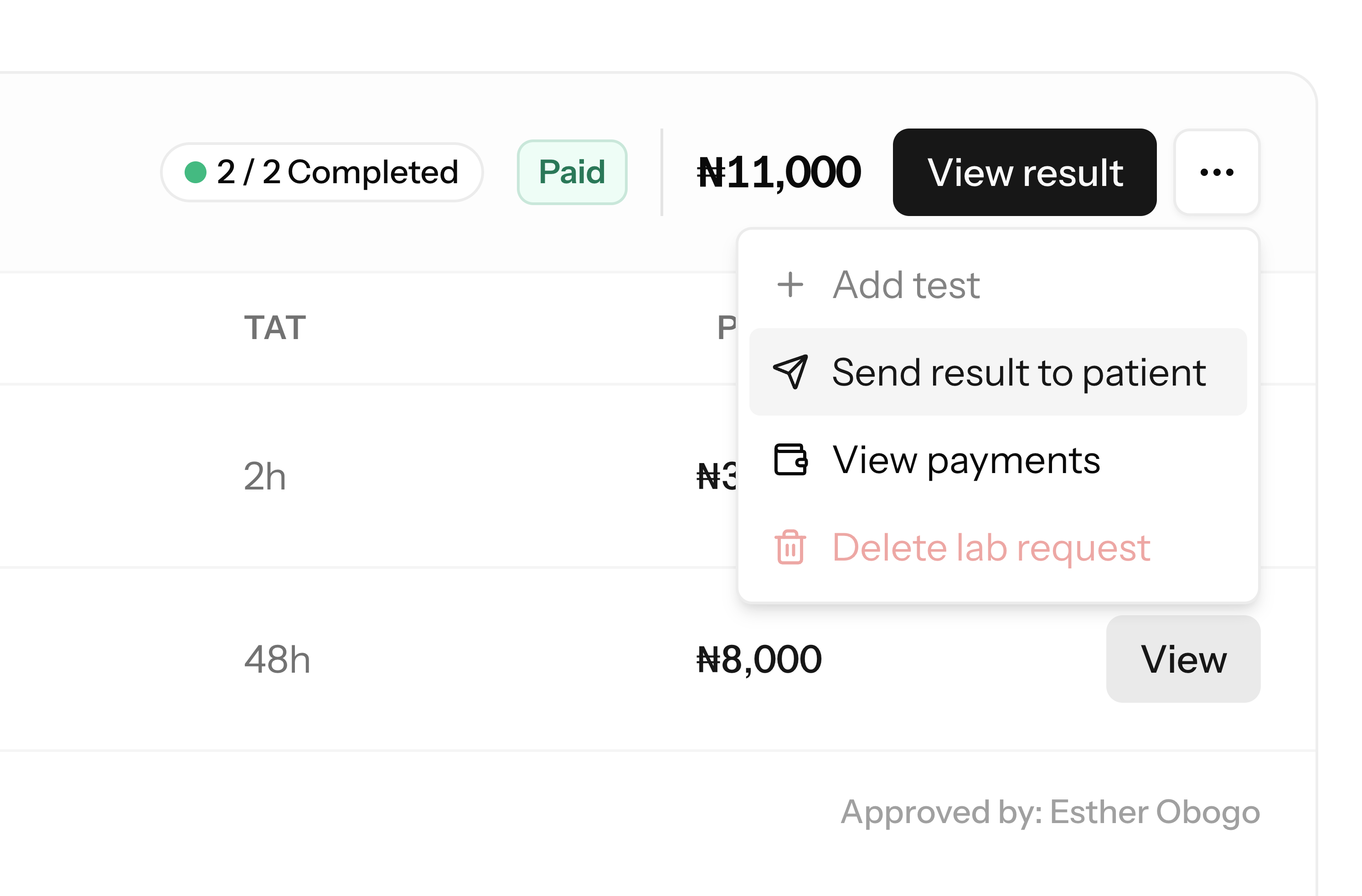 Lab request row with its actions menu open — add test, send result to patient, view payments