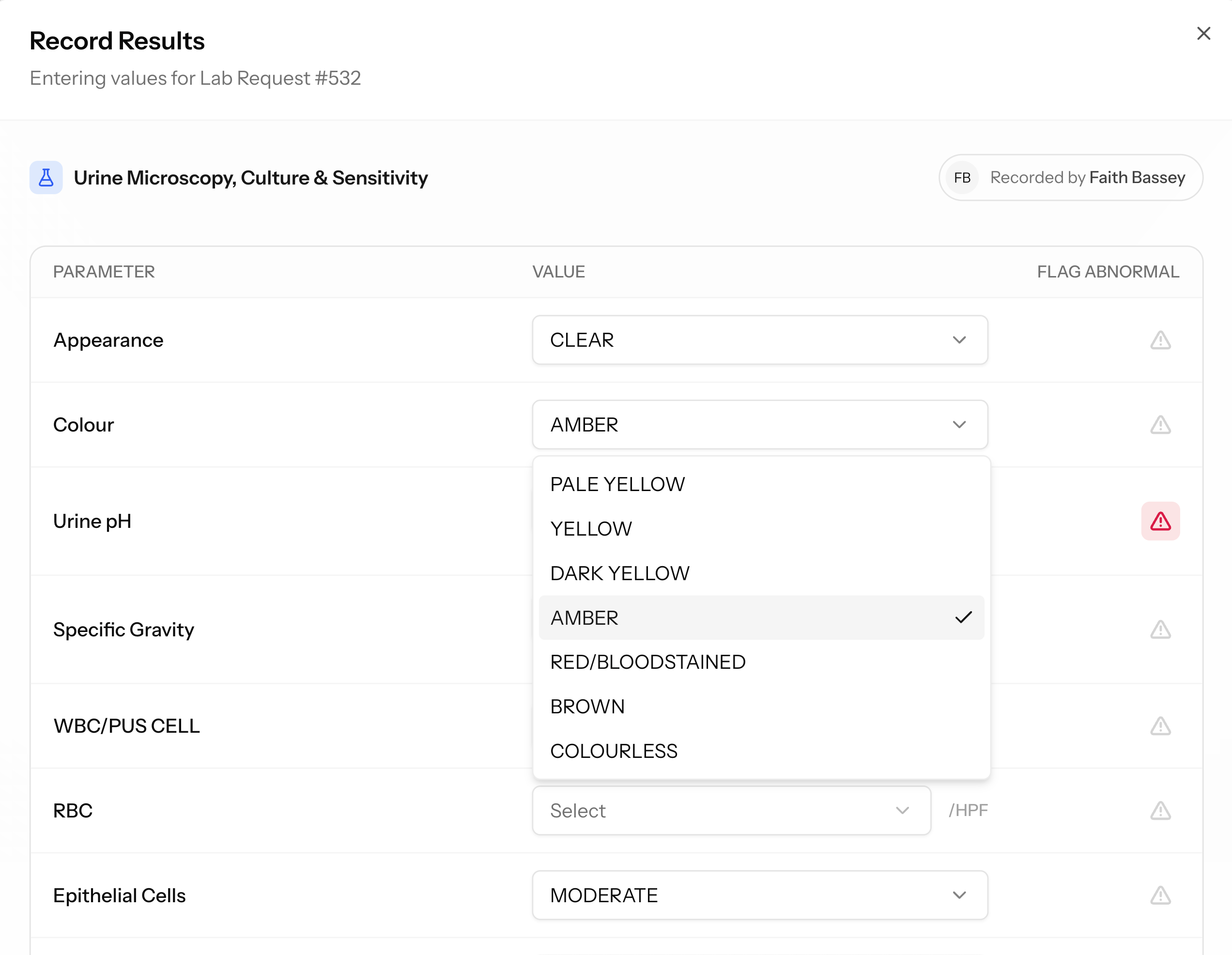 Record results dialog with standard dropdown options, units, reference ranges and an abnormal-flag column