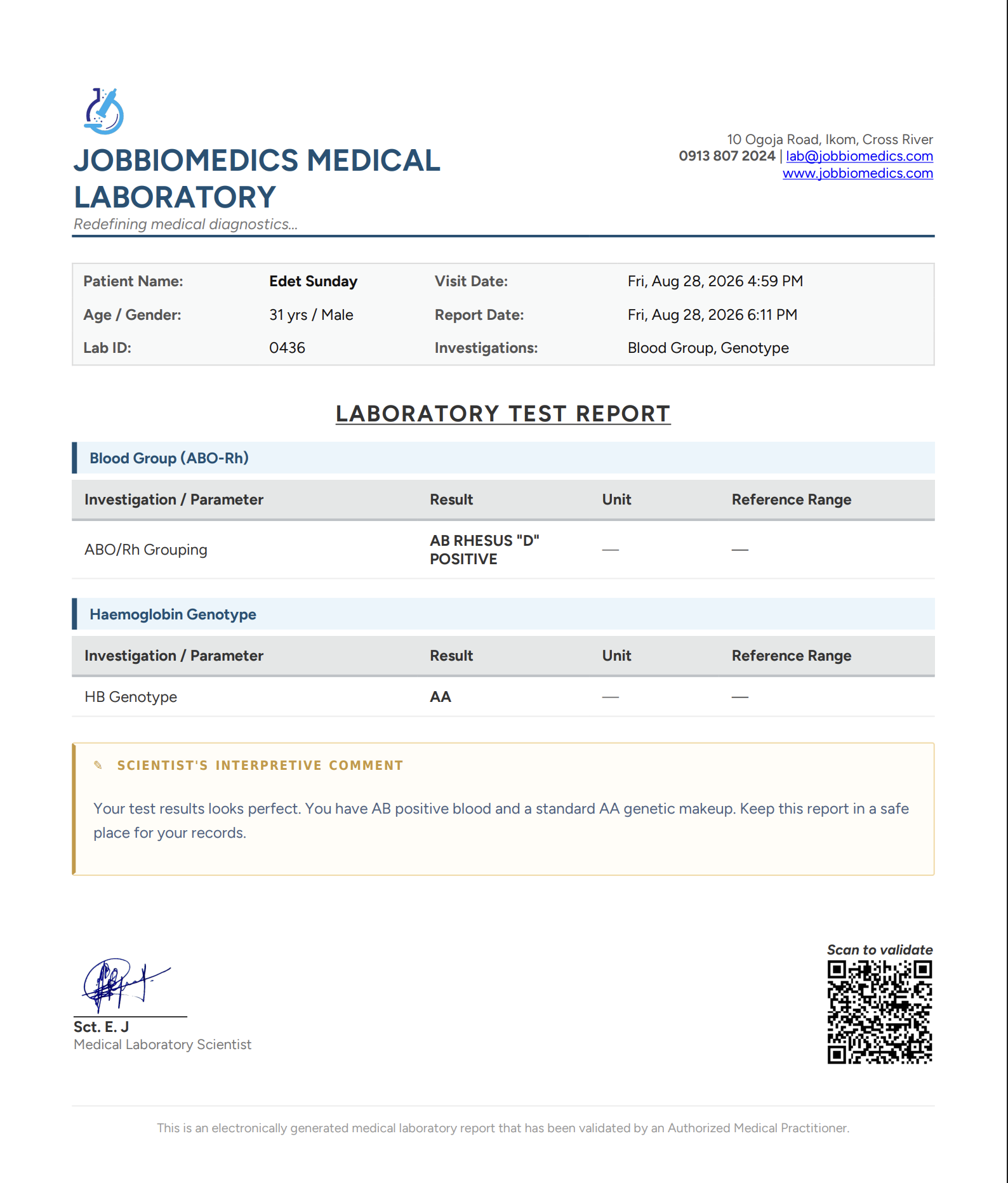 A branded DiagnOS laboratory test report PDF with signature and scan-to-validate QR code