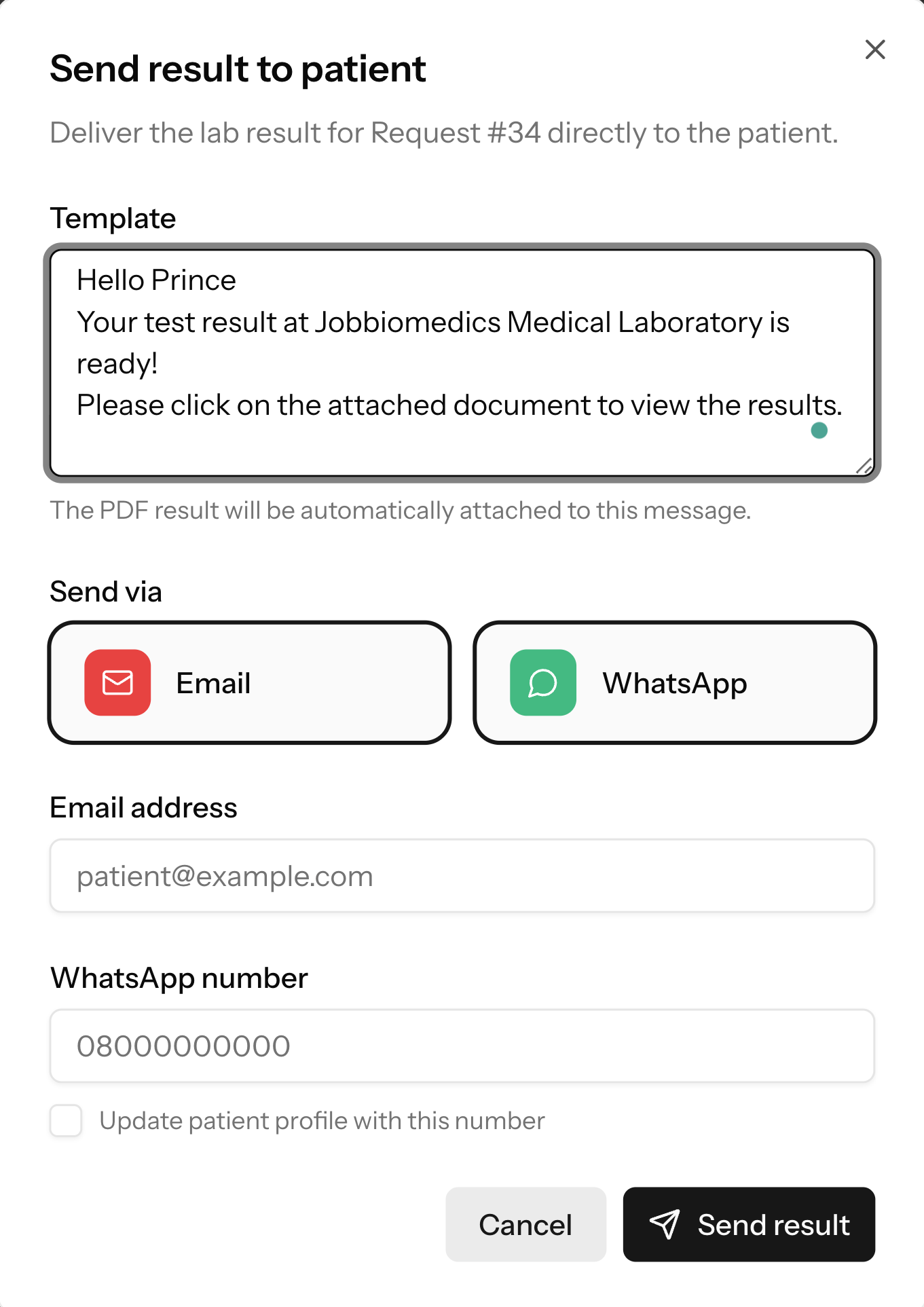 Send result to patient dialog with WhatsApp and email delivery options